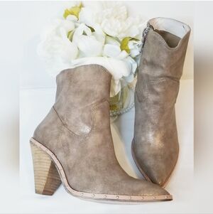 Chinese Laundry Champagne Metallic Silver Studs Cowgirl Western Style Booties